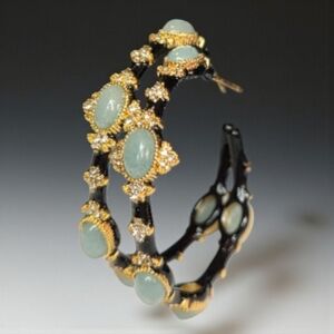 Luxury 18k Gold Plated Onyx Enamel Cross Clover Jeweled Crystal Hoop Earrings